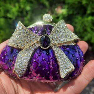 Enamel Trinket Box Coin Purse with Bow and Kiss Lock Purple Gold Tone Rhinestone